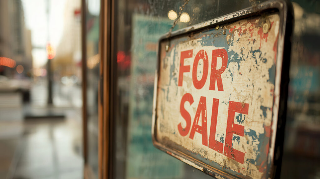Closed storefront with weathered For Sale sign, reflecting economic challenges and uncertainty in urban areas